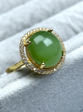 纯天然俄罗斯和田玉无黑点碧玉戒指 S925银镀金满圈满钻设计简约