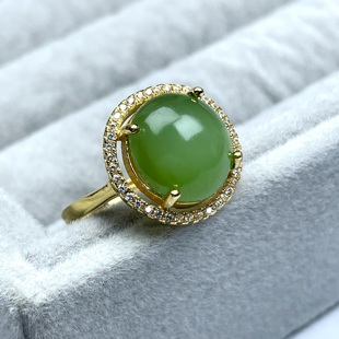 纯天然俄罗斯和田玉无黑点碧玉戒指 S925银镀金满圈满钻设计简约
