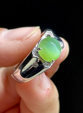 天然和田玉S925银镶碧玉戒指 俄罗斯老料猫眼碧玉蛋面 无黑点带猫