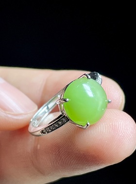 天然和田玉无黑点碧玉银镶戒指 S925银托稳固 简约设计款附带证书