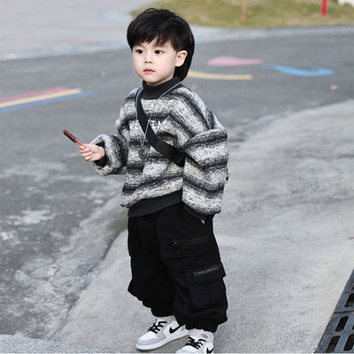男童条纹加绒卫衣一体绒韩版秋冬