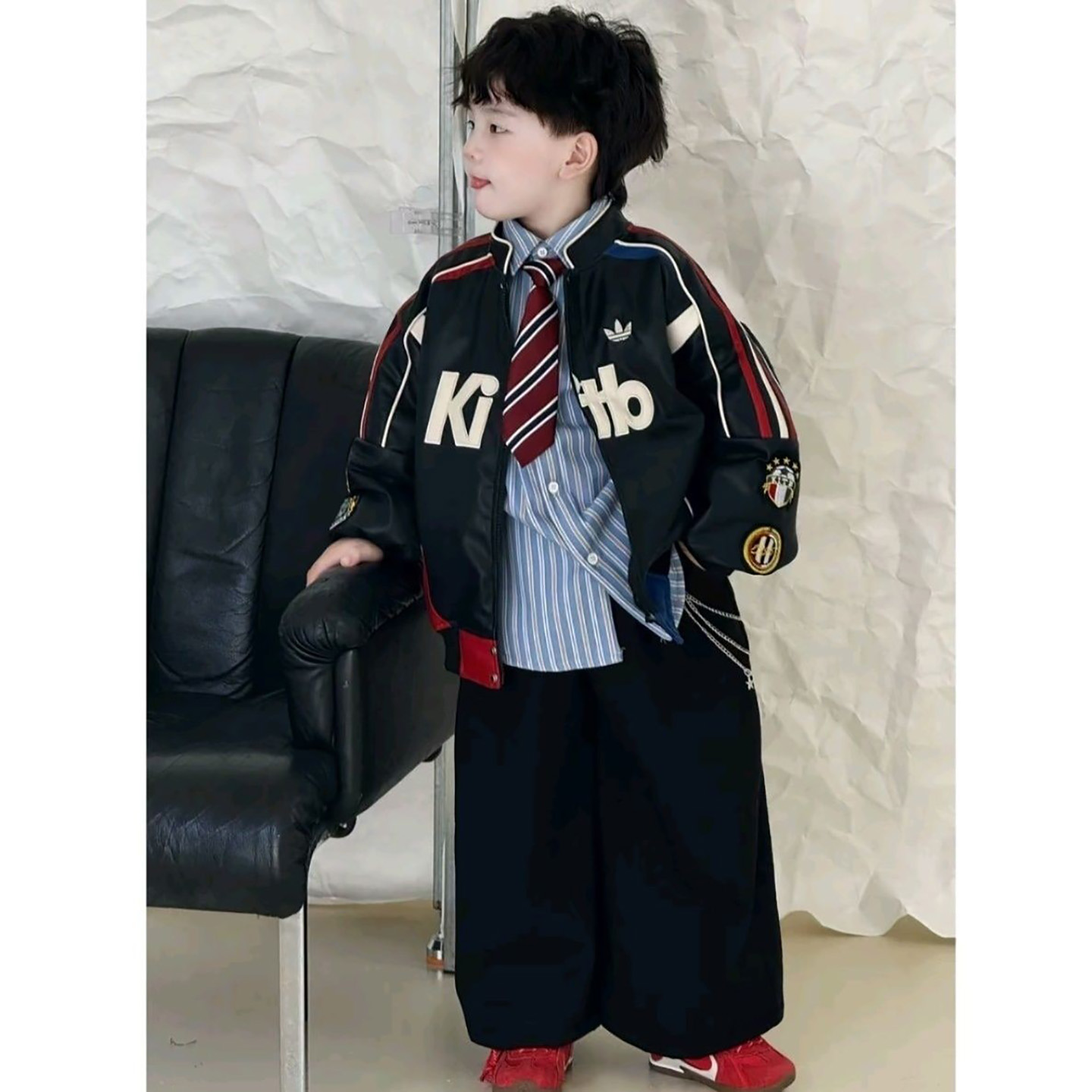 男童秋冬套装2025新款机车服儿童棉服韩版黑色加绒直筒裤两件套潮