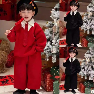 男童冬装套装2026新款儿童新年拜年服加绒加厚宝宝过年衣服两件套