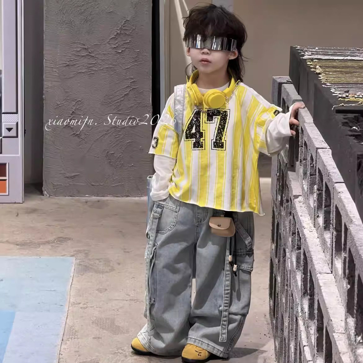 男童春装套装2026新款韩版条纹假两件卫衣宝宝牛仔裤痞帅两件套潮