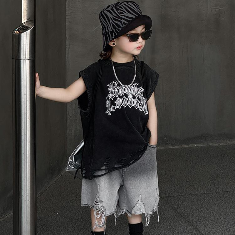 男童夏装套装2025新款韩版儿童夏季无袖背心破洞牛仔短裤两件套潮