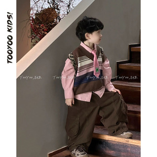 男童秋套装2026新款美拉德针织马甲粉色衬衫儿童春秋宝宝衣服潮酷