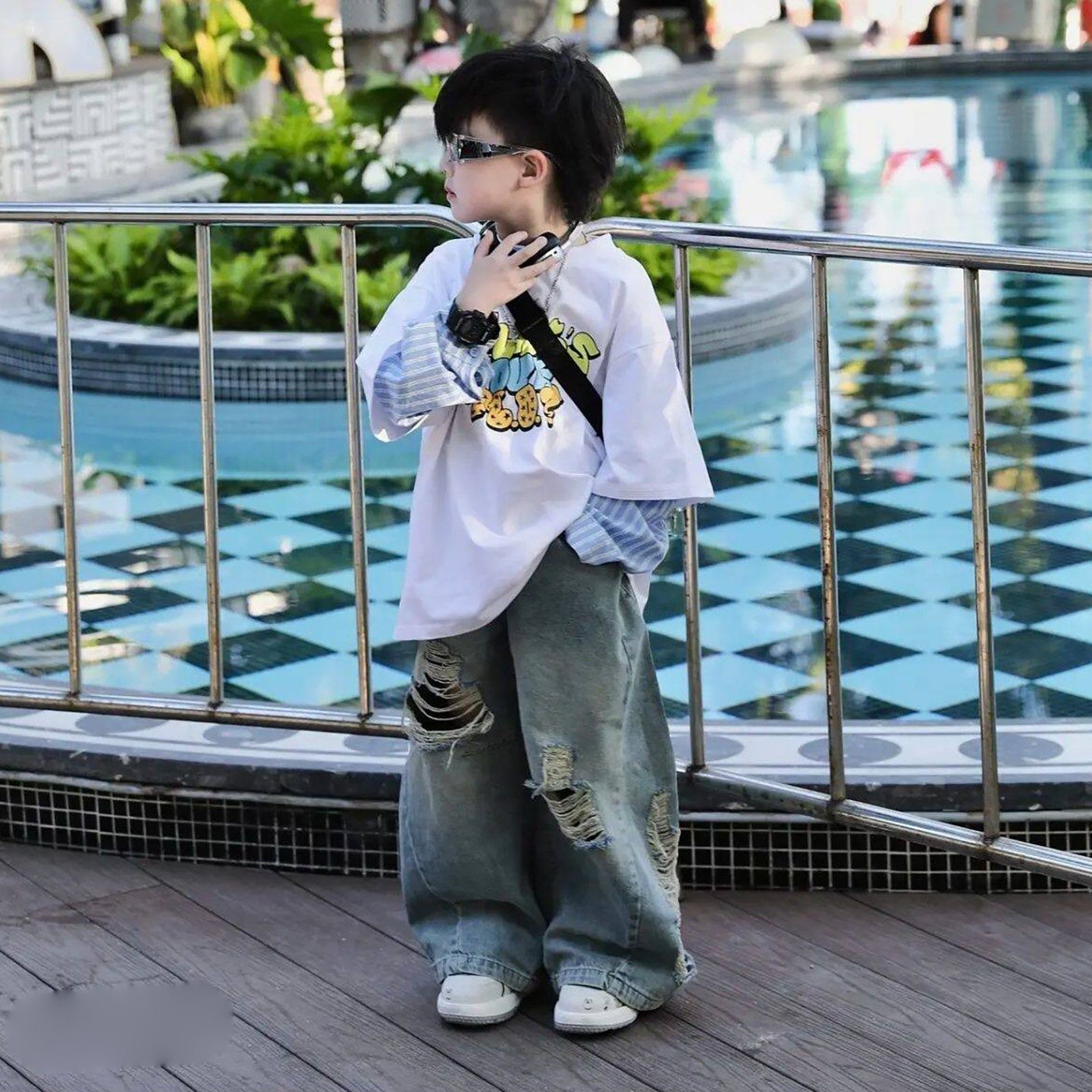 男童春装套装2026新款儿童假两件上衣破洞牛仔裤韩版时髦两件套潮