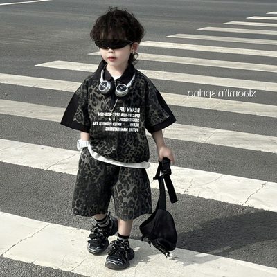 男童夏装套装POLO衫短袖豹纹套装