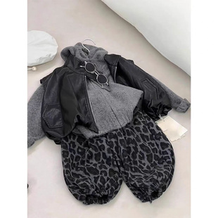 加绒加厚皮衣外套豹纹卫裤 儿童韩版 三件套潮 2025新款 男童秋冬套装