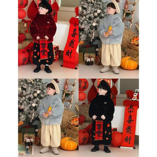 男童冬装套装2026新款儿童加绒加厚新年棉服外套宝宝过年服两件套