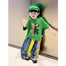 男童夏套装2025新款儿童绿色卡通小猫短袖t恤宝宝拼色条纹休闲裤