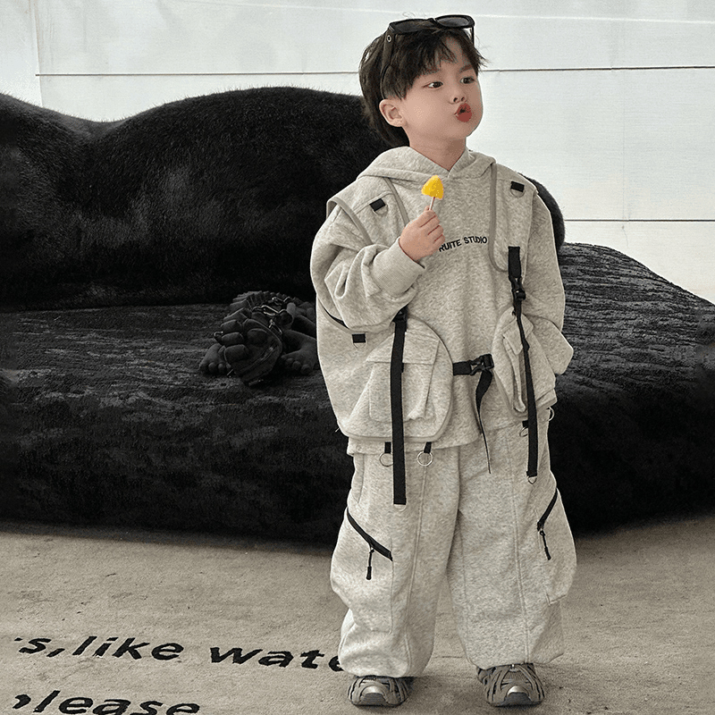 男童秋冬套装2025新款韩版中小童宝宝连帽卫衣工装裤马甲三件套潮