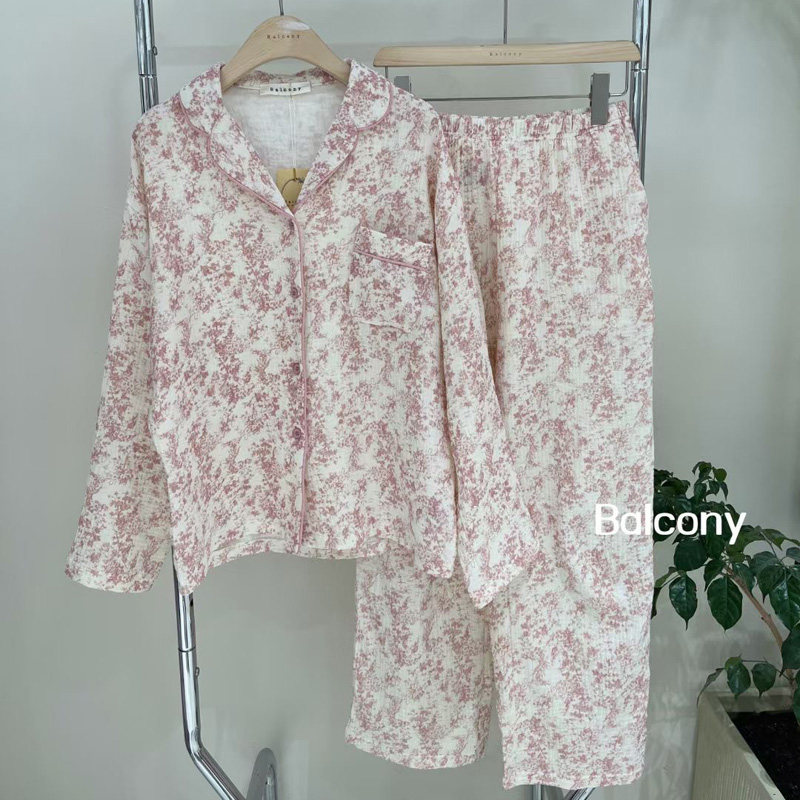 韩国balcony代购秋棉纱布简约休闲长袖裤套装家居服套装可外穿女