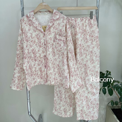 韩国balcony代购秋棉纱布简约休闲长袖裤套装家居服套装可外穿女