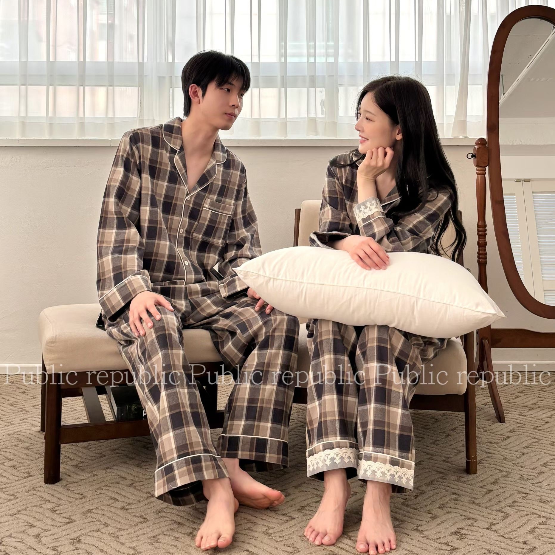 棉布情侣韩国秋季磨毛格子开衫