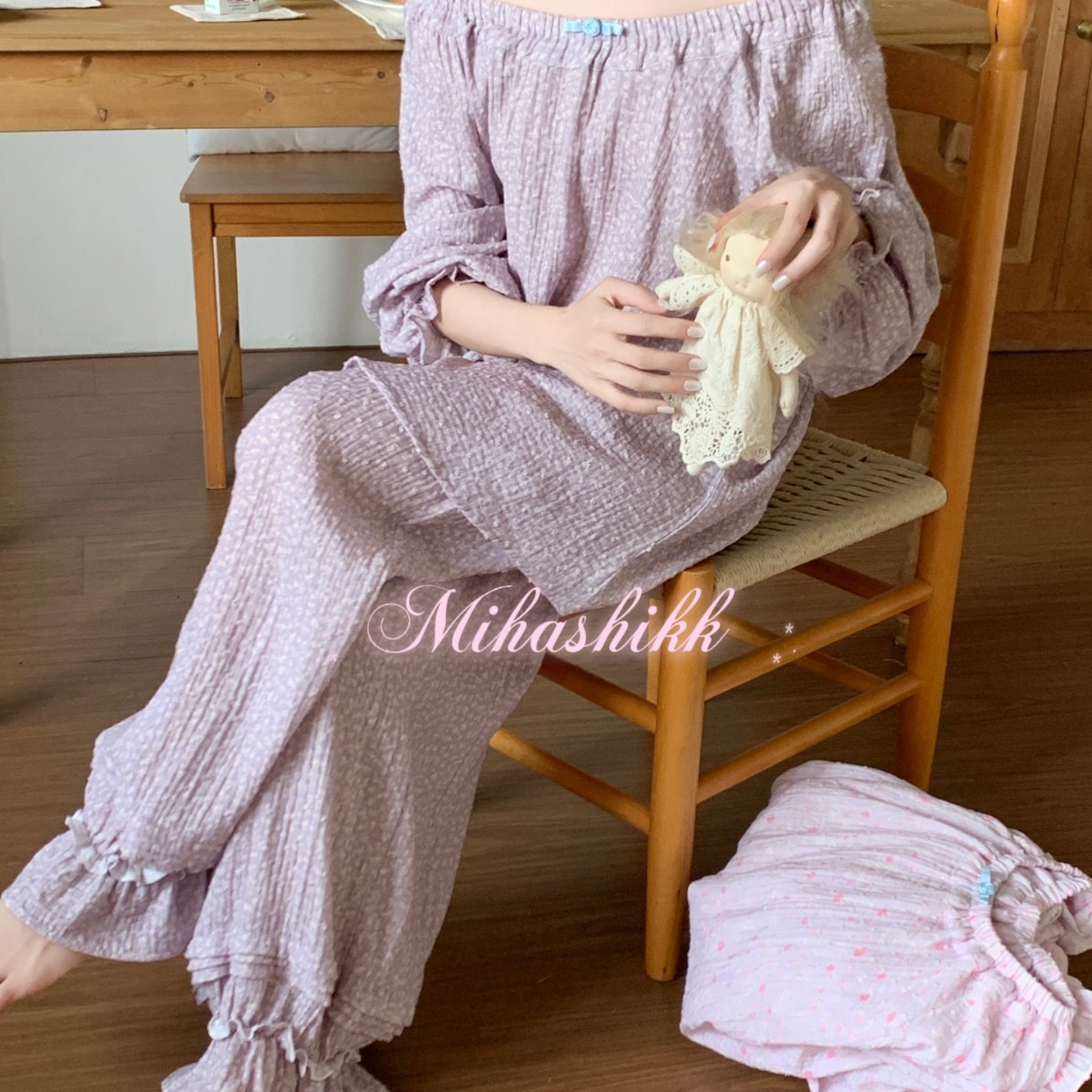 秋冬纯棉提花碎花长袖睡衣套装