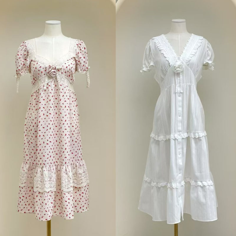 韩国东大门LUNALUZ睡衣女25夏甜美公主V领白色碎花短袖家居长睡裙