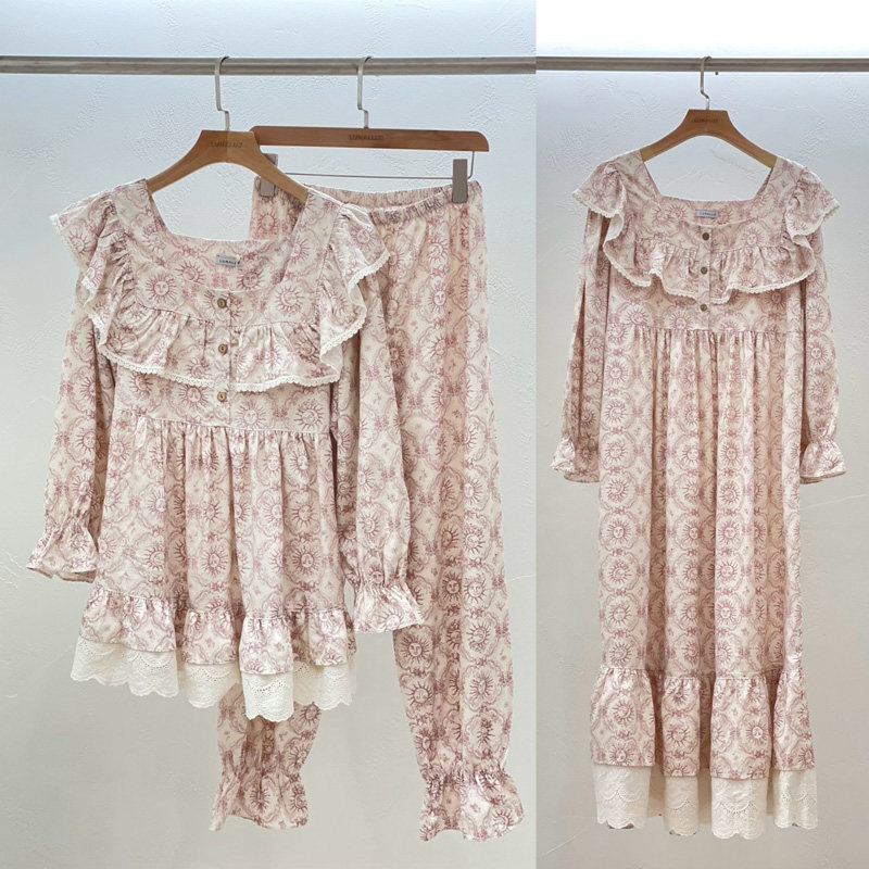 LUNALUZ韩国东大门睡衣秋季女复古太阳甜美长袖裤家居服套装睡裙