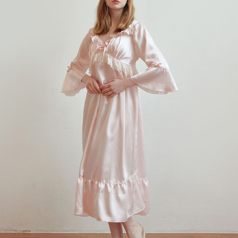 韩国东大门LUNALUZ代购夏季睡衣纯色丝柔甜美女中袖家居长睡裙