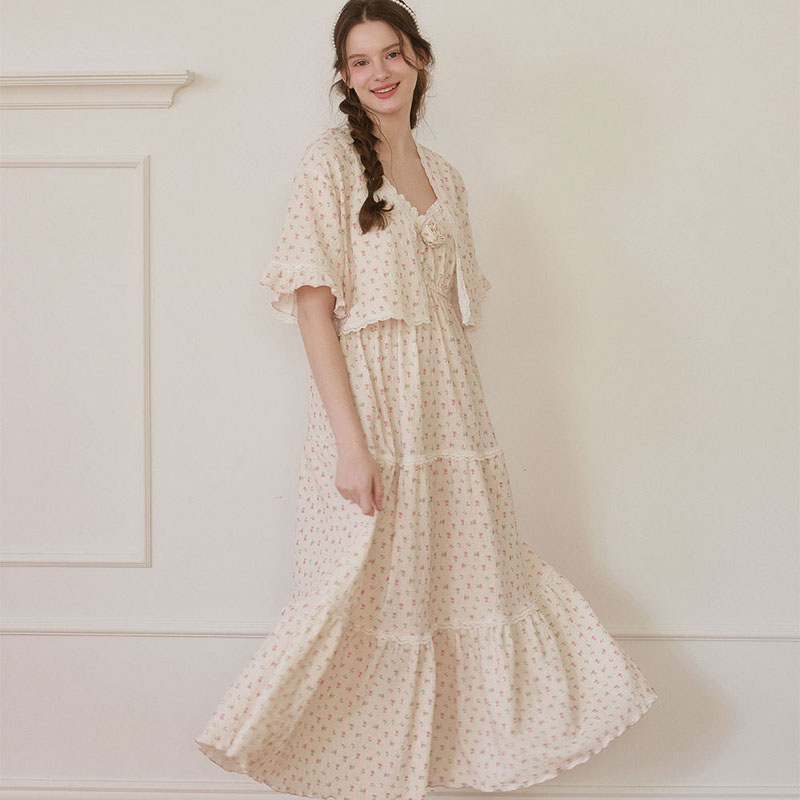 韩国东大门LUNALUZ睡衣女25夏甜美公主V领碎花短袖家居长睡裙外搭