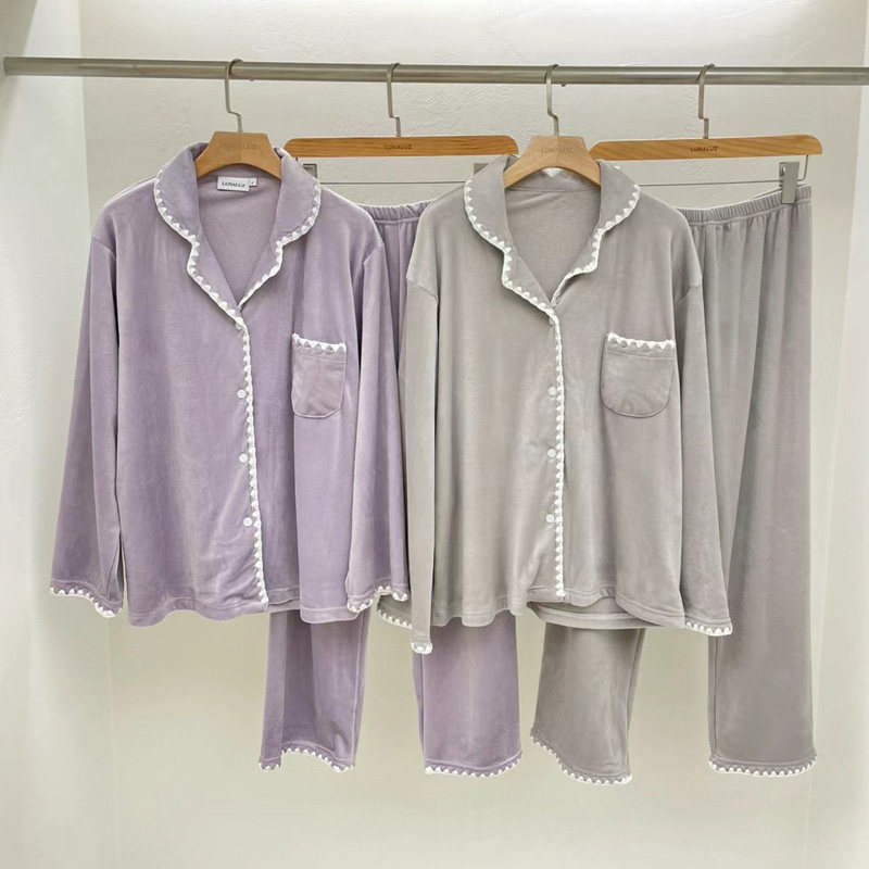 韩国东大门Lunaluz睡衣秋冬睡衣法兰绒纯色简约女长袖家居服套装