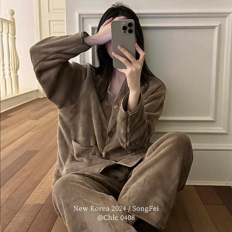 哑光牛奶绒韩风睡衣套装秋冬季加绒加厚家居服保暖慵懒带兜二件套