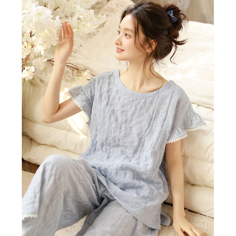 26夏季纯棉纱布女条纹家居服套装
