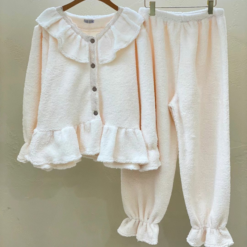 韩国LUNALUZ代购冬季甜美长袖纯色珊瑚绒长袖裤保暖女家居服套装