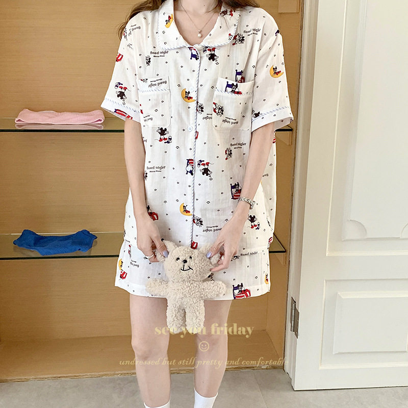 高密双层棉纱卡通米奇可爱小翻领韩国2025夏季短袖睡衣女柔软透气