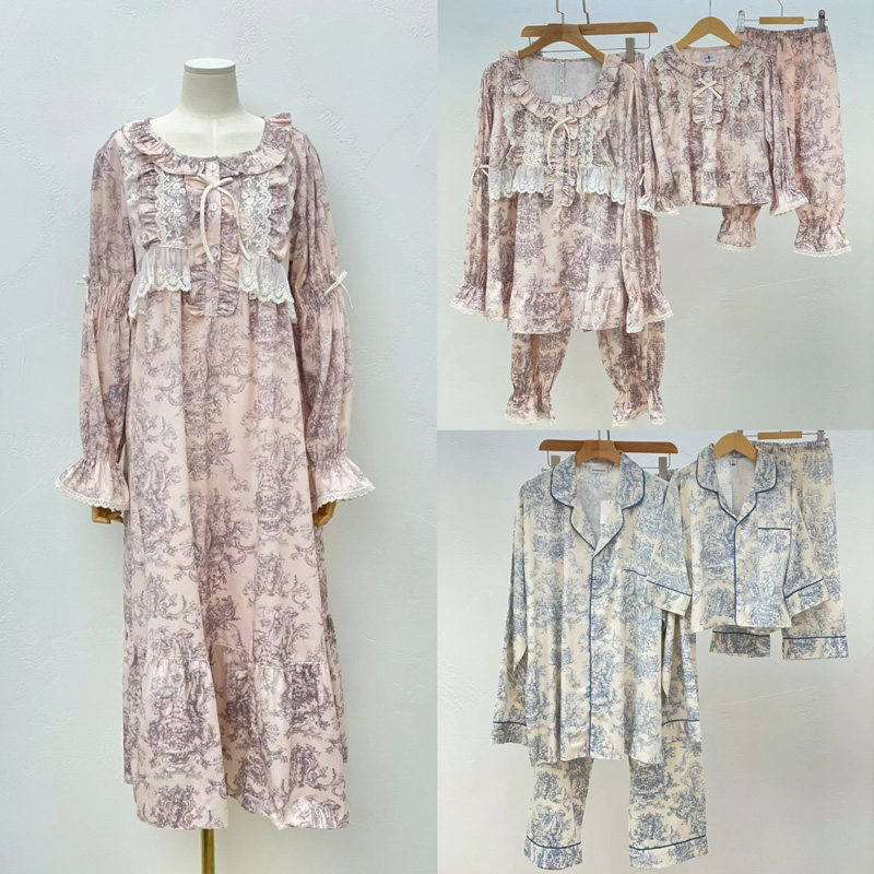 LUNALUZ韩国亲子家庭男女睡衣秋女复古甜美长袖裤儿童家居服套装