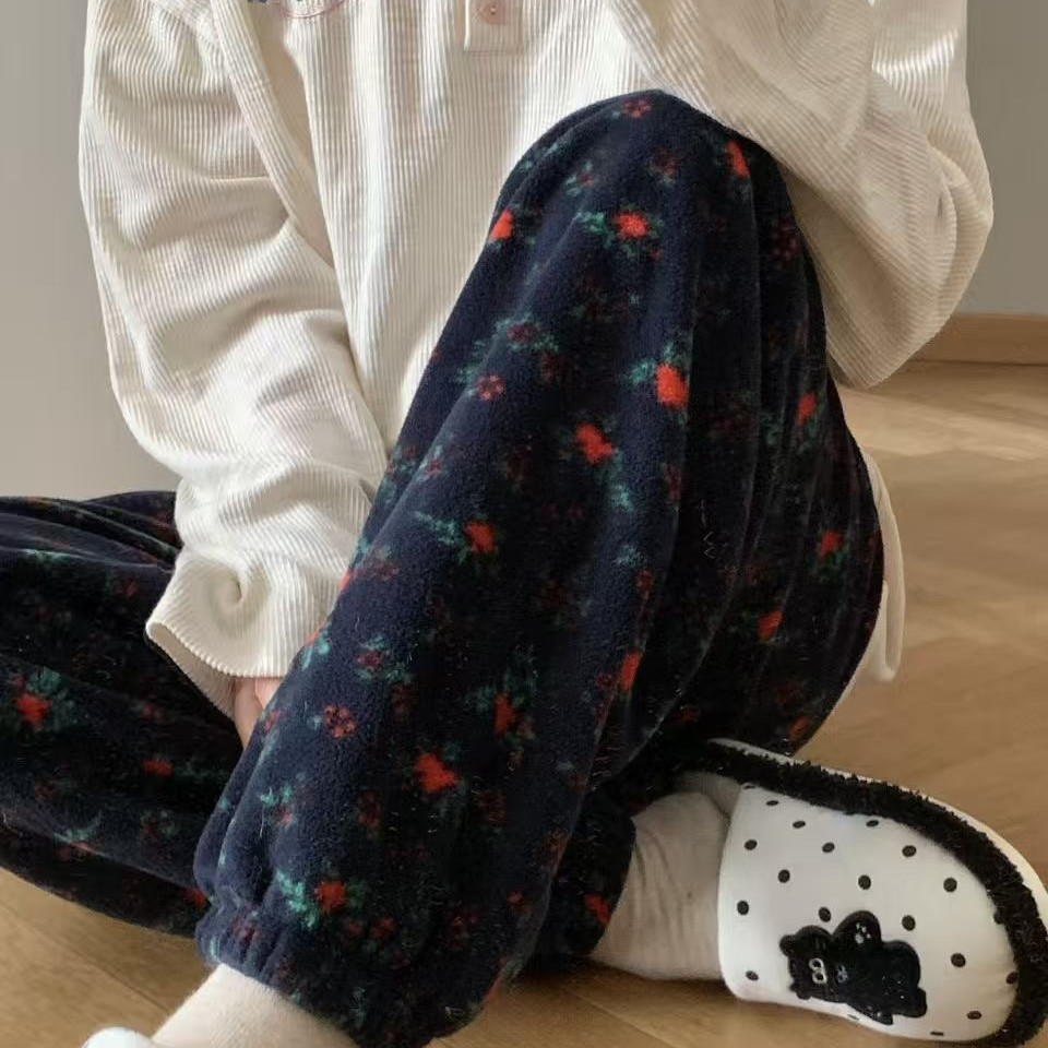 秋冬加绒加厚保暖睡裤碎花摇粒绒可爱印花束口家居长裤慵懒可外穿