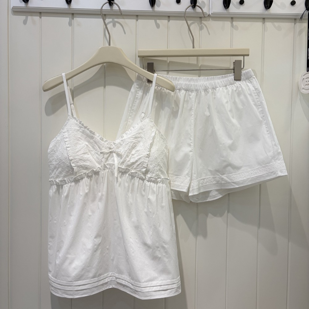 纯棉刺绣带胸垫吊带家居服套装