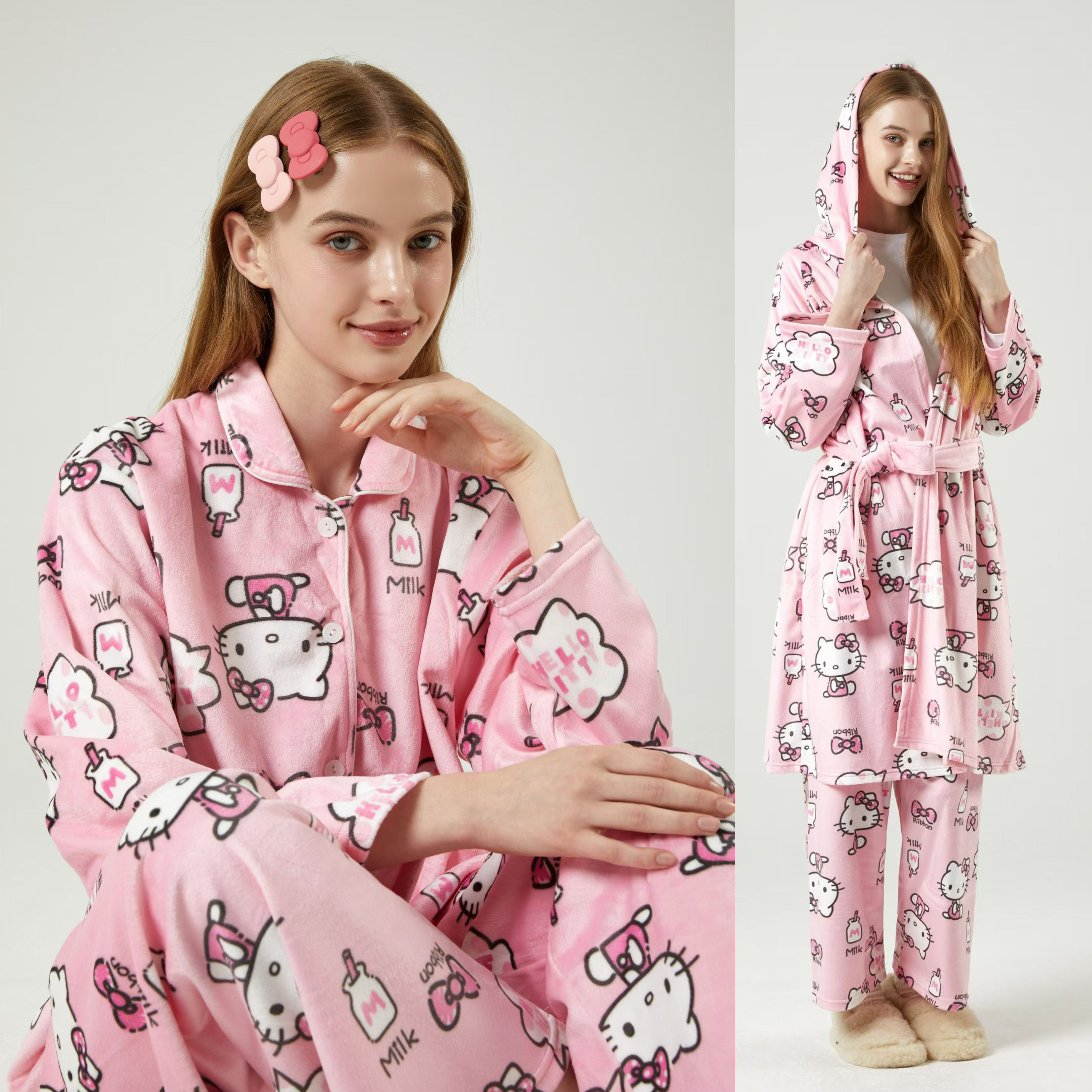 韩国Hello Kitty东大门代购冬法兰绒睡衣女长袖裤家居服套装睡袍