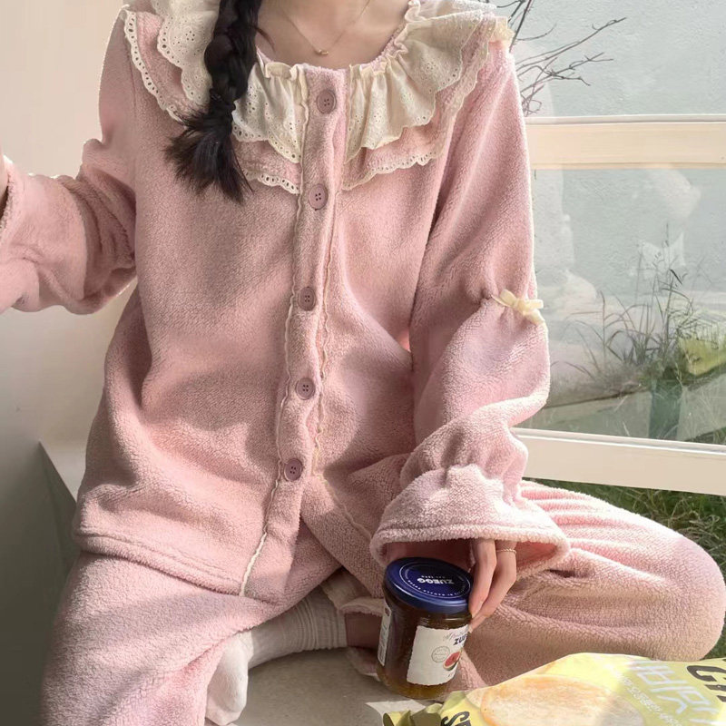 韩国设计师女冬保暖厚绒睡衣套装