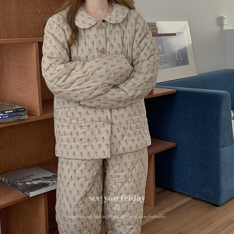 三层绗棉韩国碎花甜美保暖夹棉睡衣套装秋冬季2024新款家居服女