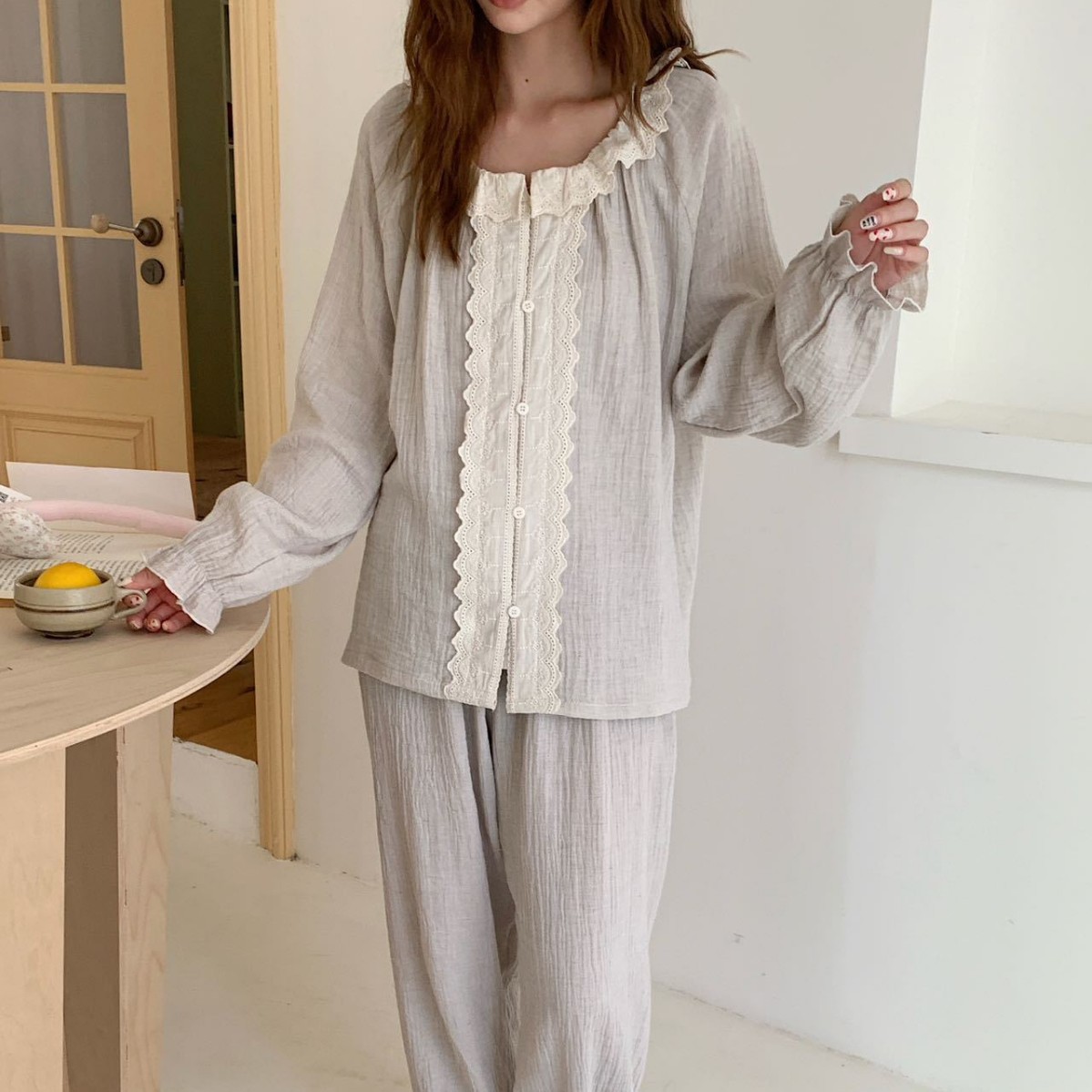 秋季纯棉纱布蕾丝女睡衣套装