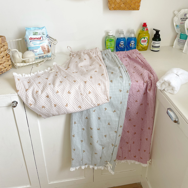 韩国原创女小熊格子家居长睡裤