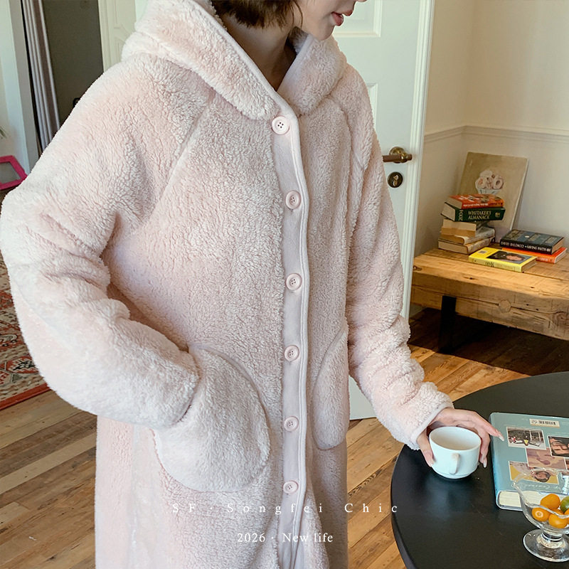 秋冬加厚毛绒连帽睡袍女可外穿