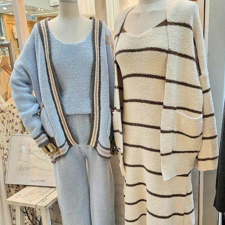 Im Bling韩国东大门冬季保暖条纹长袖裤厚绒睡衣三件家居服套装女
