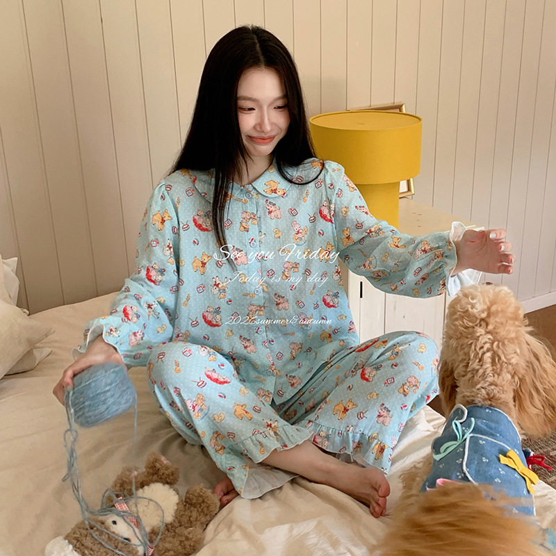 韩国秋季甜美娃娃领棉纱睡衣套装