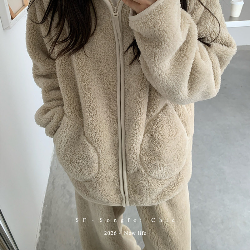 秋冬加厚泡芙绒女睡衣套装可外穿