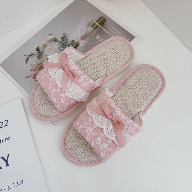 甜美蝴蝶结四季透气亚麻拖鞋春夏季室内防滑居家女士露趾凉拖夏天