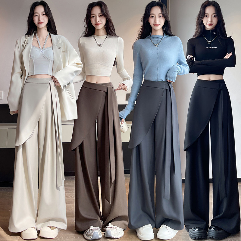 实拍不规则绑带西装裤女2026春季高腰垂感显瘦休闲直筒拖地裤裙裤
