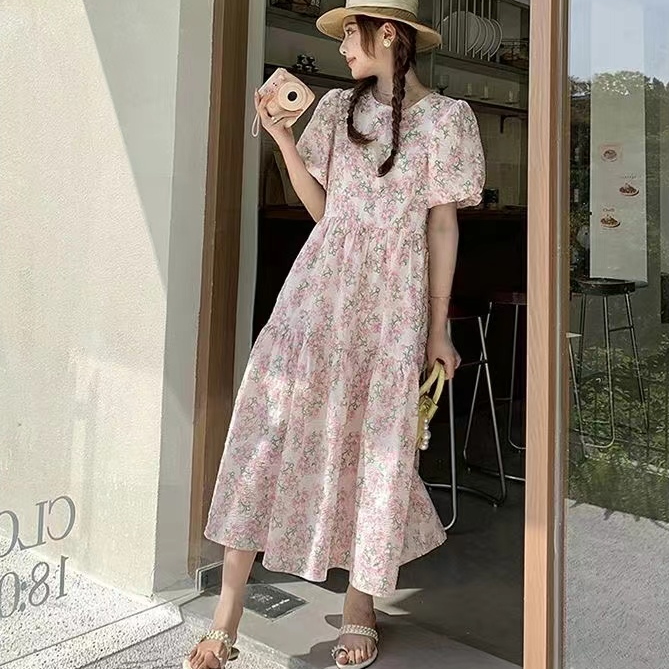 夏装大码女装粉色碎花连衣裙泡泡袖绝美法式茶歇裙M 4XL200斤