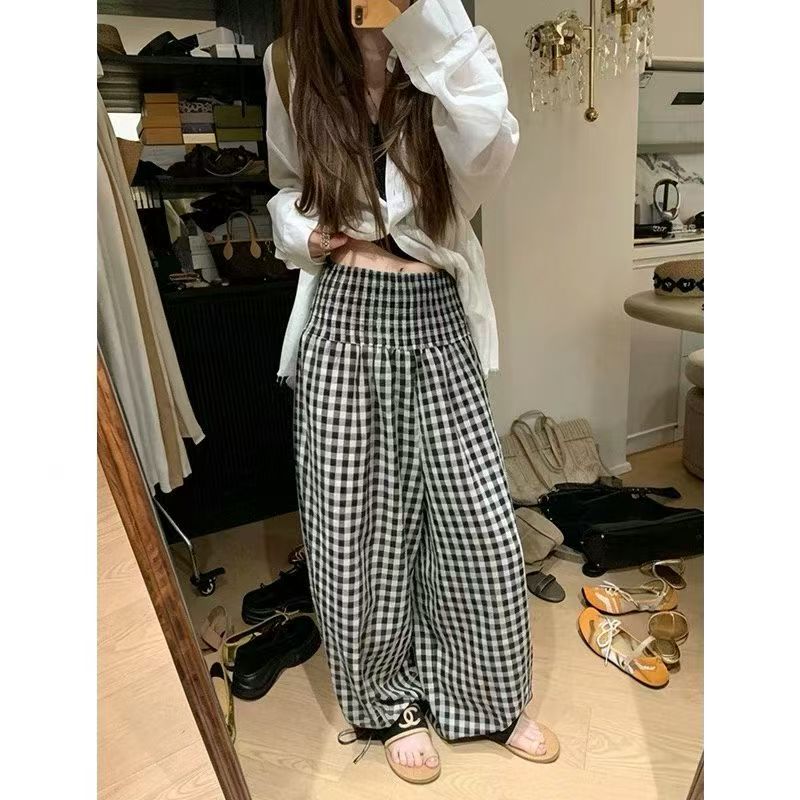 松紧打揽中灰小格子灯笼阔腿裤女夏季可调节宽松松弛舒服休闲长裤