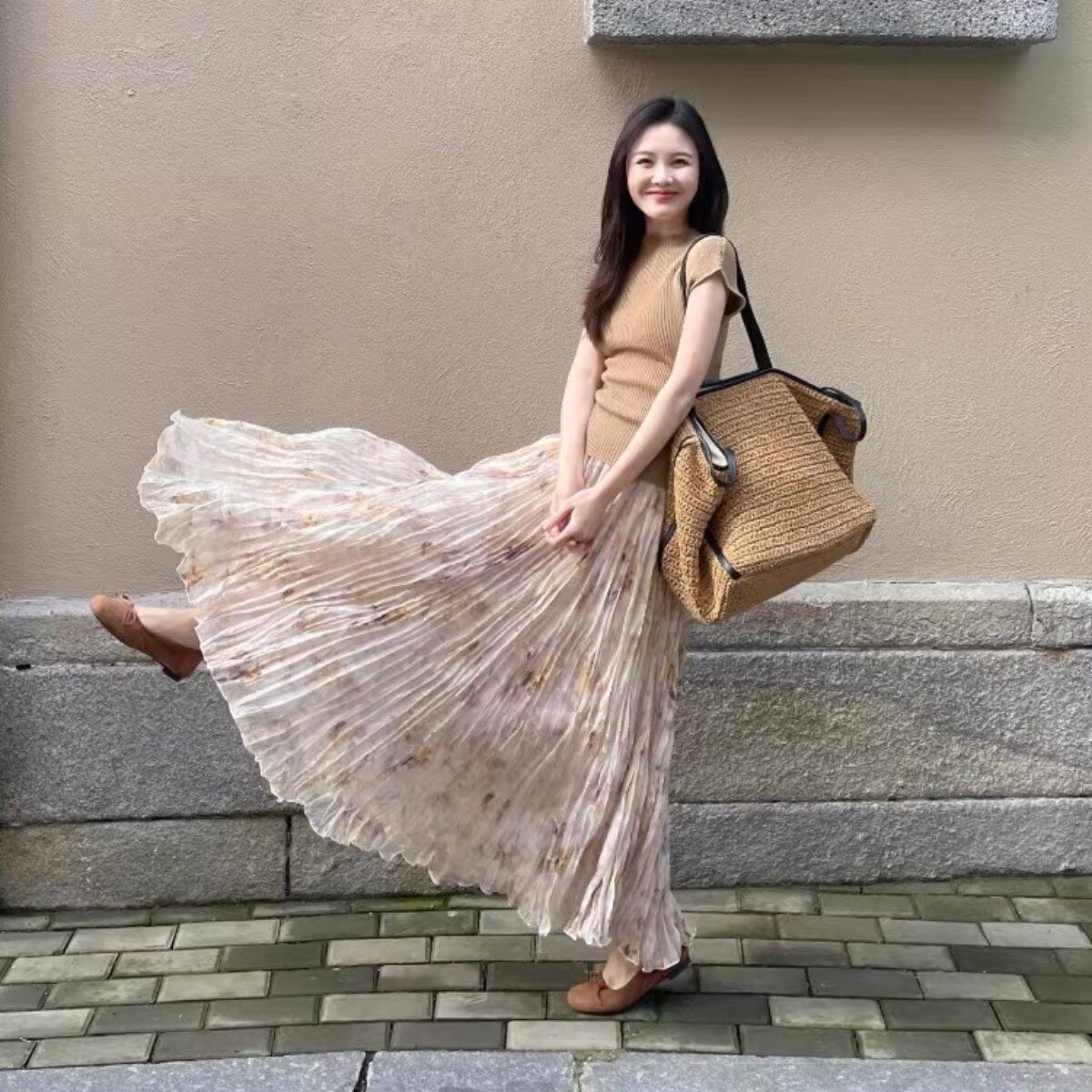 黄一粒 NORA STUDIO花园侧影压褶碎花半身裙女夏设计感百褶裙