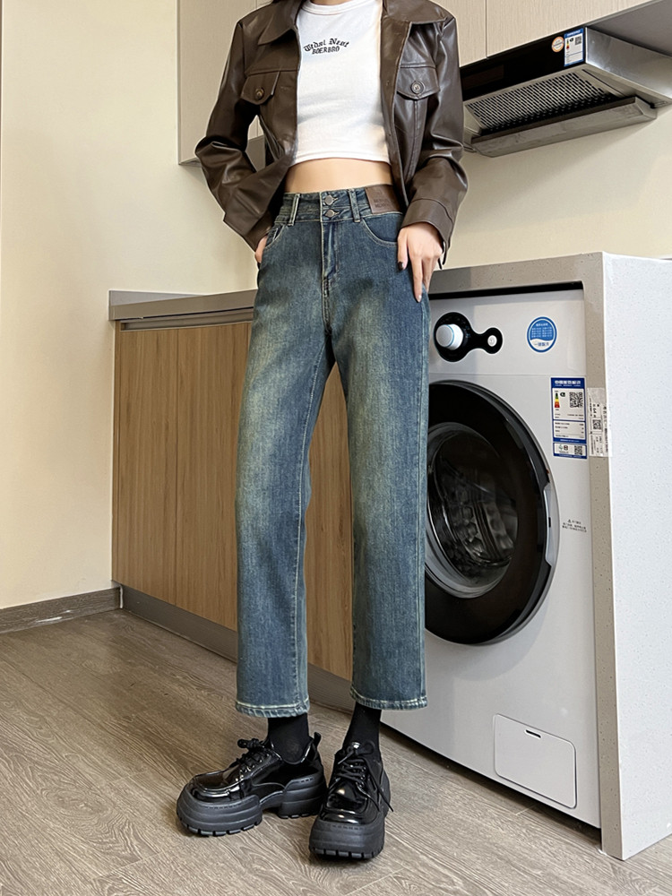 CEMENT GRAY STRAIGHT LEG JEANS WOMENS AUTUMN AND WINTER 2024 HIGH-WAISTED LOOSE THIN SMALL MAN CROPPED FLEECE PIPE PANTS