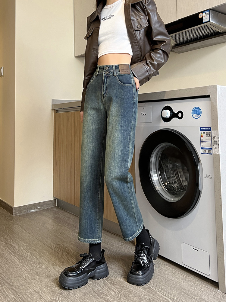 CEMENT GRAY STRAIGHT LEG JEANS WOMENS AUTUMN AND WINTER 2024 HIGH-WAISTED LOOSE THIN SMALL MAN CROPPED FLEECE PIPE PANTS