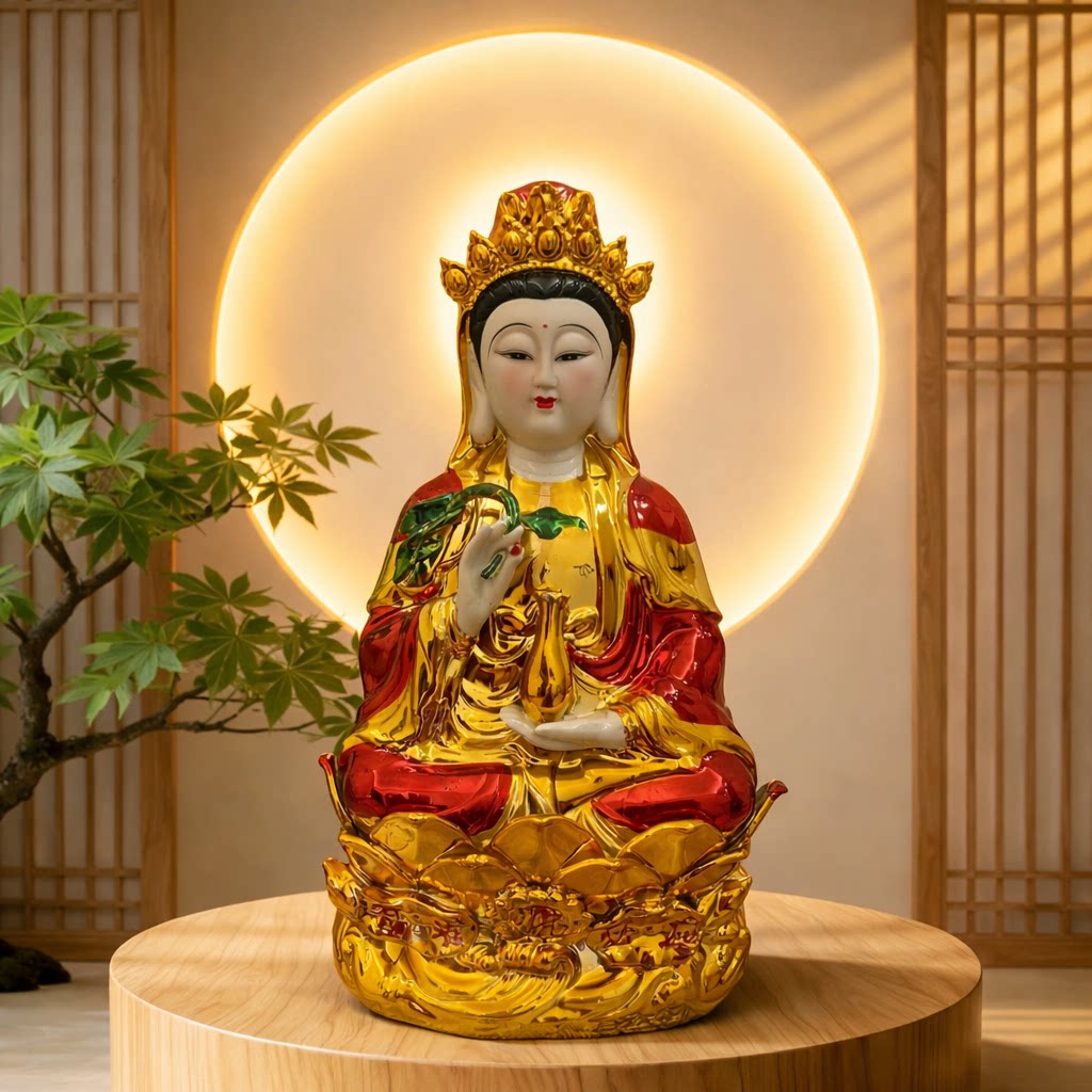 14寸陶瓷观音菩萨神像家用供奉桌面摆件金色佛像佛堂装饰镇宅佛前