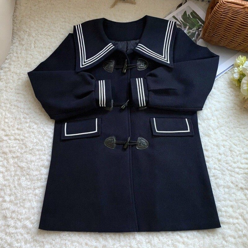 铃兰学院原创秋冬季百搭jk制服牛角扣海军领中长款毛呢大衣外套女